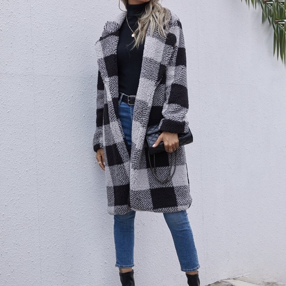 buffalo plaid black grey teddy trench coat jacket - Picture 3 of 7